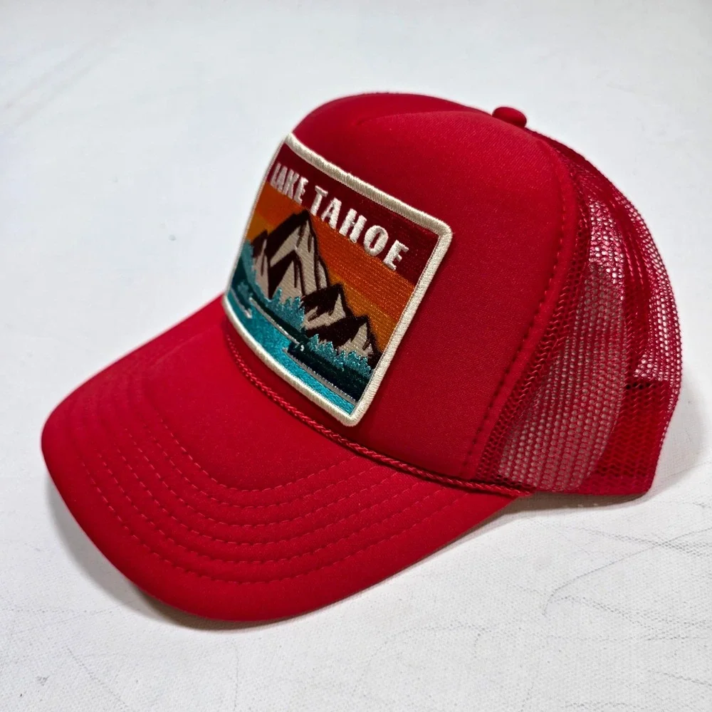 Port Sandz Trucker Hat Red Lake Tahoe Mountain Patch Mesh Snapback Cap Camping